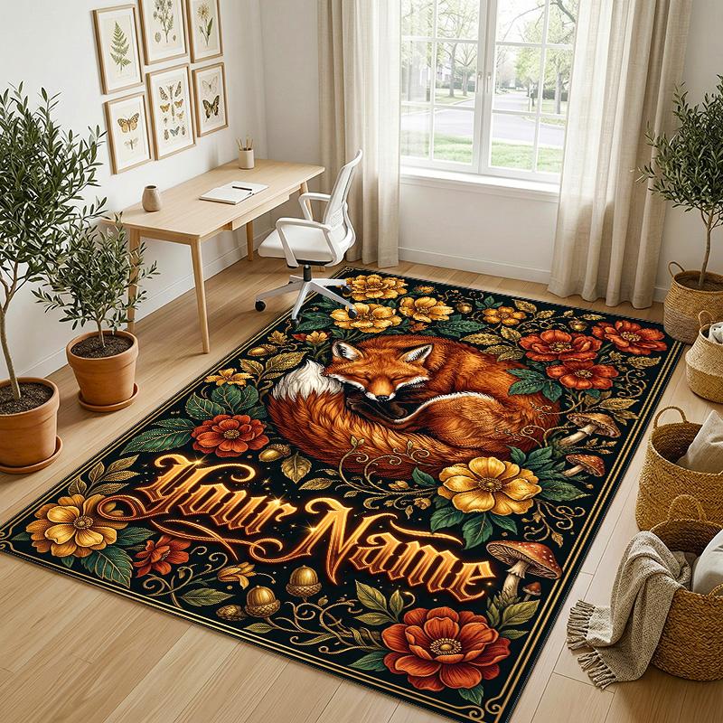 Fox Flowers Theme Soft Crystal Velvet Rug Custom Name & Text Print Non Slip Floor Rug for Bedroom Living Room