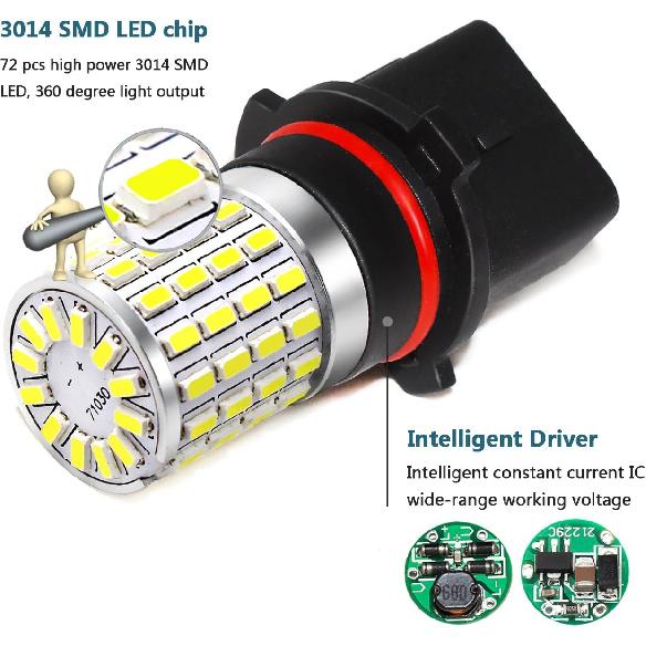 PHINLION PSX26W 12278 LED Fog Lights, PWY26W H28W LED DRL Bulbs, 2000 Lumens Super Bright 3014 72-SMD 12278C1 12V Car Fog Lamps, 6000K Xenon White