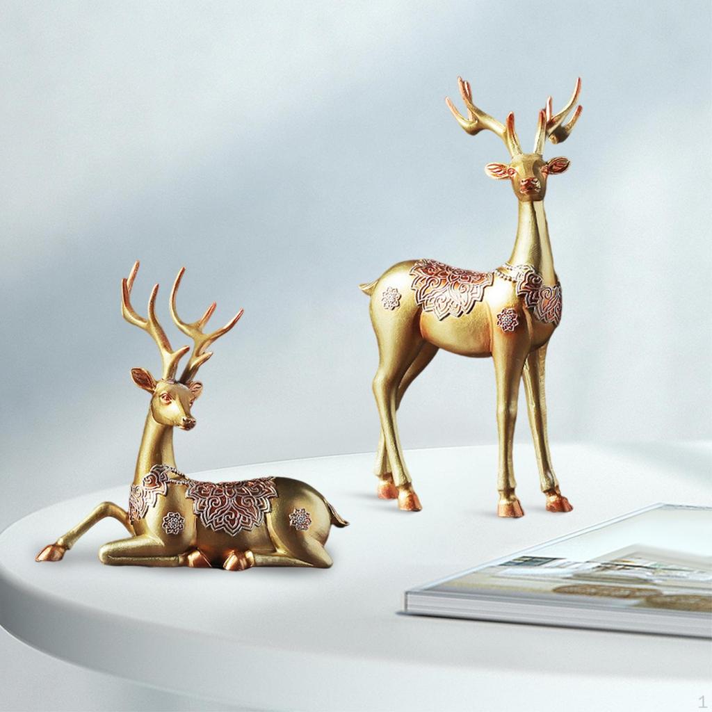 2 Deer Figurines Reindeer Sculptures Gifts Art Ornament Couple Elk Statues for Tabletop Home Decor