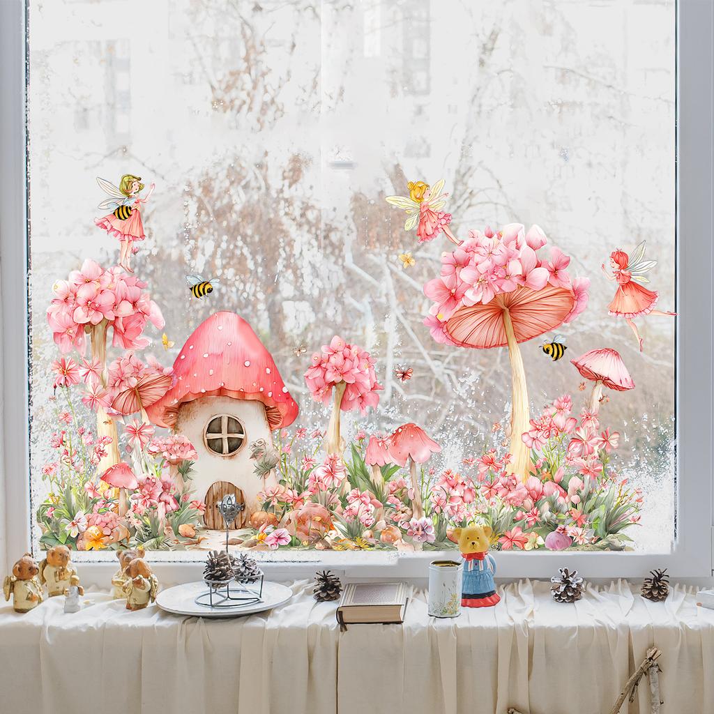 Static Cling Window Film Fairy Mushroom House with Girl In Flowers Double Sided View Decorative Window Sticker