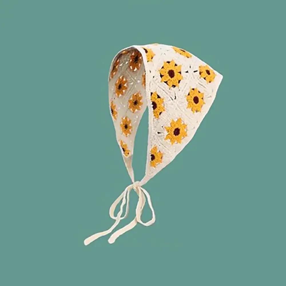 1Pc Knitted Triangle Headband French Pastoral Style Headscarf Hat Little Flower Handmade Crochet Headband Towel Spring Summer