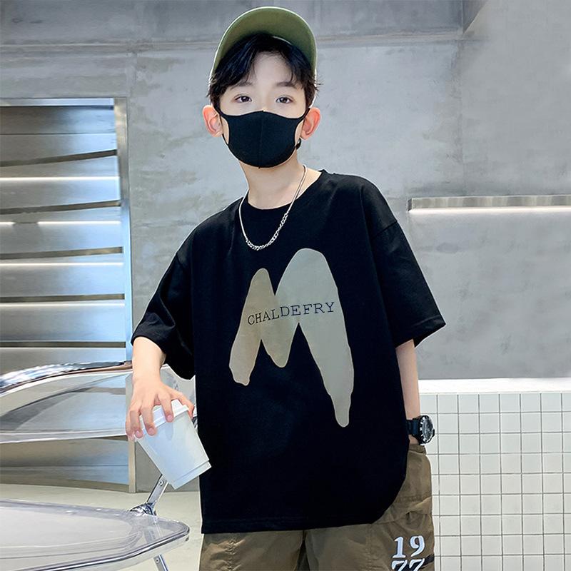 Boys' Short Sleeved T-shirt Children's T-shirt Loose Letter Round Neck Top Summer Children's Clothing