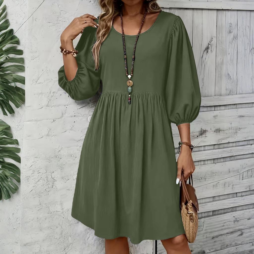 Women's Fashion Elegant Holiday Solided Color Round Neck 3/4 Sleeve Cotton Polyester Midi Dress