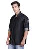 Modern Denim Chef Jacket with Breathable Mesh Sides, Unisex Roll-Up Sleeve Chef Coat, Asymmetrical Indigo Blue Black Kitchen Uniform, XS-XXL