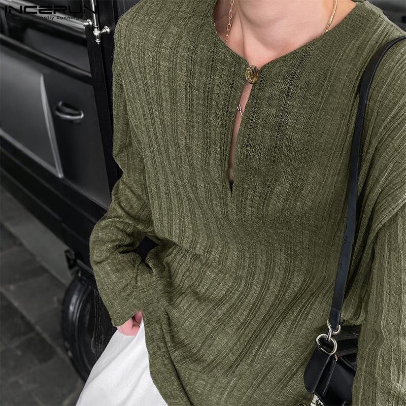 INCERUN Men Crew Neck Long Sleeve Semi-Sheer Thin Casual Tops T-shirts