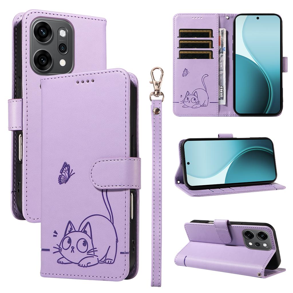For Oppo Reno14 Pro 5G (China)/Oppo Reno14 Pro 5G (Global) Case Cat Pattern Imprint Leather Phone Cover with Wrist Strap