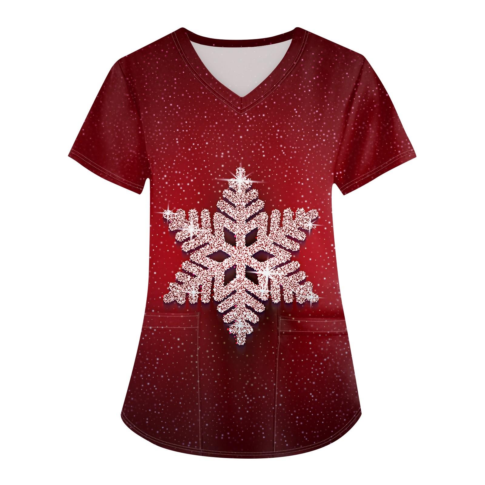 

Плюс Размер Печатный Рабочий Униформа Топы Для Женщин Крест V-образный вырез Рождественский принт Короткий рукав Забавные Футболки Рабочая Одежда Футболка С Карманами S винный