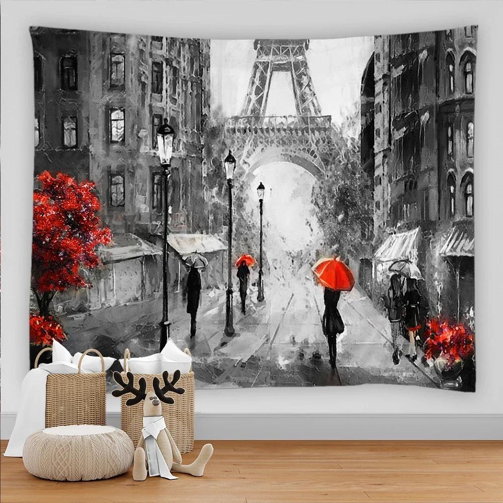 Paris Tapestry Backdrop  Wall Art Eiffel Tower Photo Banner Background European City Landscape Pink  Hanging Decor