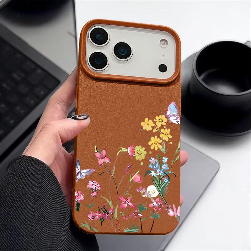 Mini Blossom Print Protective Soft TPU Leather Texture Cover For iPhone 17 Pro Max Air 16e 15 14 13 Shockproof Case