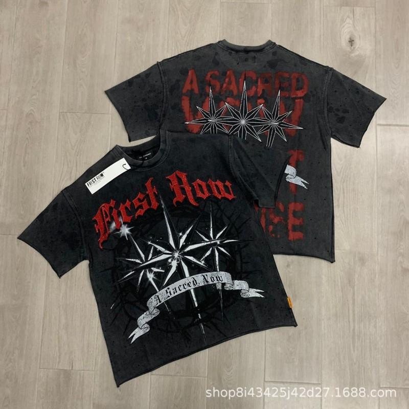 Unisex Oversized Box Fit Cotton Tee With Embroidered Rhinestone Washed Print Round Neck Short Sleeve Casual Top