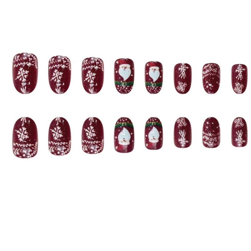 24 Stück rote, glitzernde, kurze, ovale künstliche Fingernägel mit Schneeflocken-Weihnachtsmann-Motiv, 3D-Drucknagel zum Aufkleben für die Weihnachtsfeier