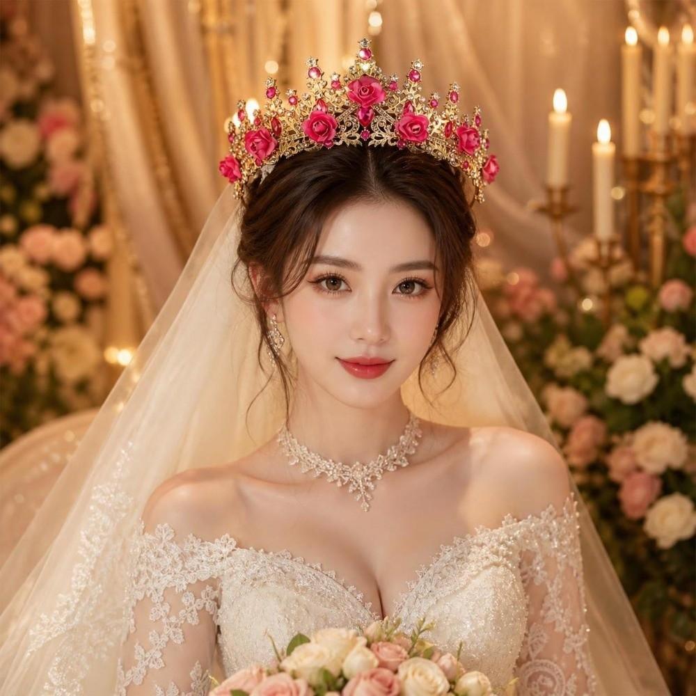 Metal Princess Floral Tiara Rose Flower Shiny Rhinestone Crown Luxury Baroque Crown Prom