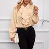 women's Solid Color Satin Lapel Collar Ruffle Layered Long Sleeve Cuff Detail Casual Blouse Shirt Top
