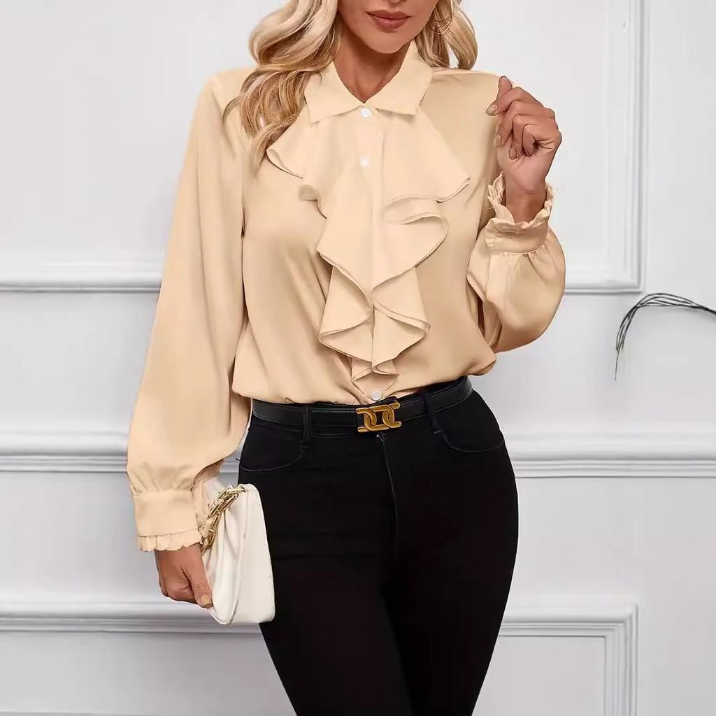 women's Solid Color Satin Lapel Collar Ruffle Layered Long Sleeve Cuff Detail Casual Blouse Shirt Top