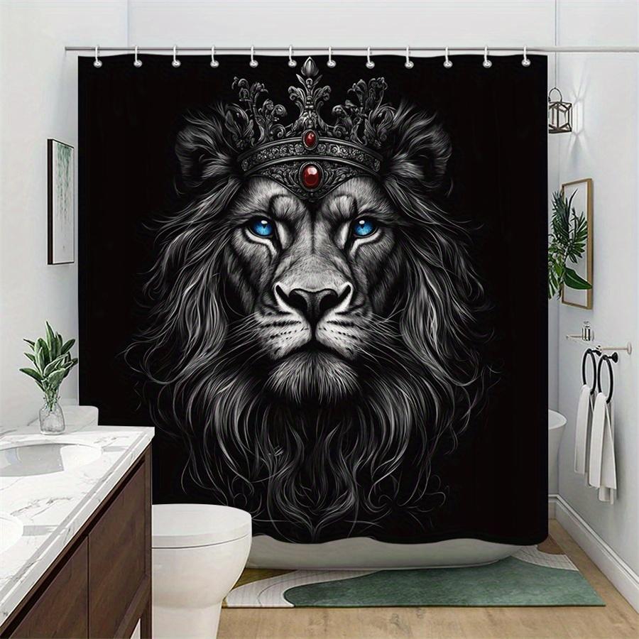 1 Royal Lion Shower Curtain With Blue Eyes And Silver Crown - Ultra-Realistic Black Background, Dramatic Design Machine Washable