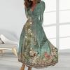Women Elegant Floral Print Maxi Dress V-neck Long Sleeve High Waist Gown Dress A-Line Long Dress Streetwear