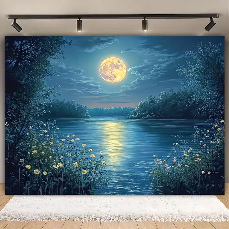 2D Magical Moonlight Lake Tapestry Night Reflection with Wildflowers Wall Art 47.2x31.5inch/120*80cm