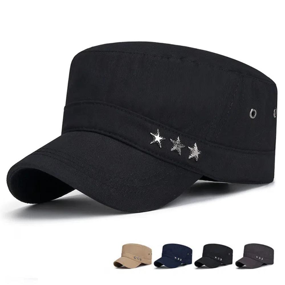 Solid Flat Top Hat Stars Sunshade Hat Breathable Cadet Hat Men Sunscrean