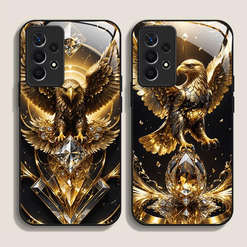 Stylish Eagle Golden Diamond Pattern Tempered Glass Phone Case for Samsung Galaxy S25 Ultra S24 S23 Plus S22+ S21 S20 FE Covers