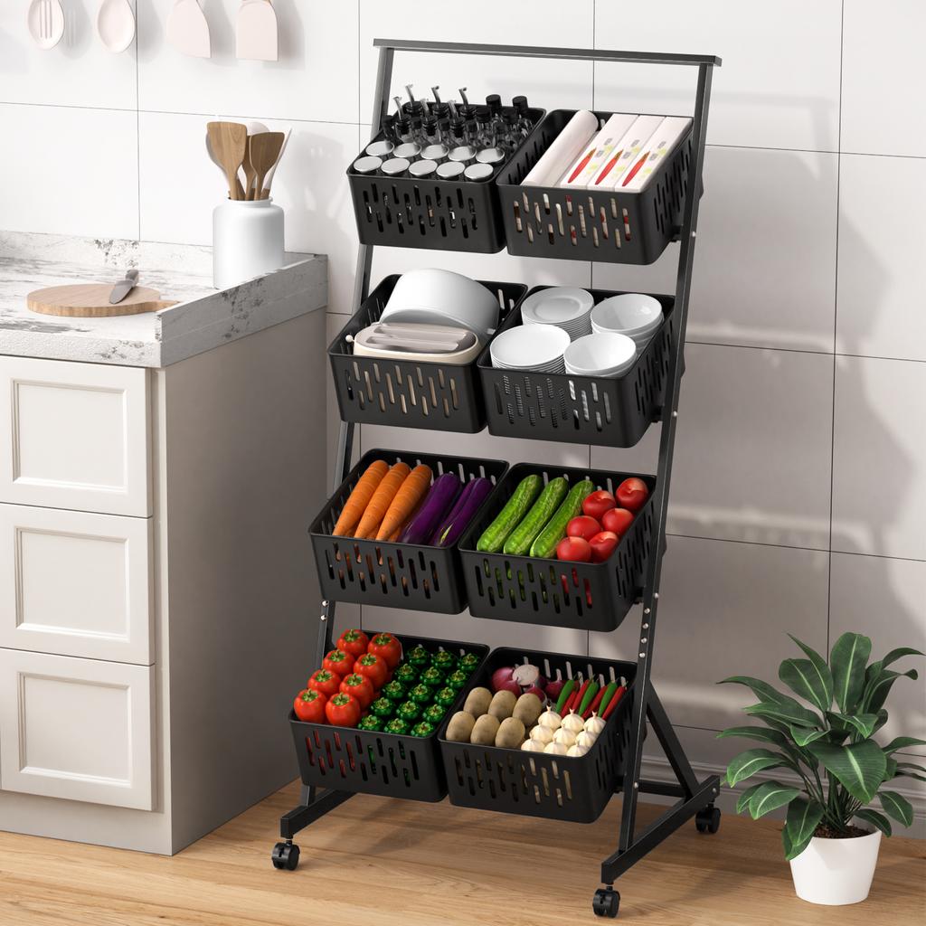 Fruit Vegetable Storage Basket Cart 4 Tier Stackable Mesh Storage Shelf with Wheels Pantry Organizer Rack with Detachable