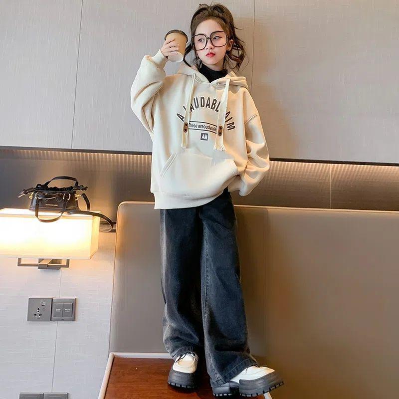 

2024 Корейские толстовки с капюшоном для девочек: Модные, теплые топы из бархата для детей - коллекция осень-зима 170 cm