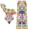 2024 European & American Women's Enamel Print Ruffle Swimsuit Set