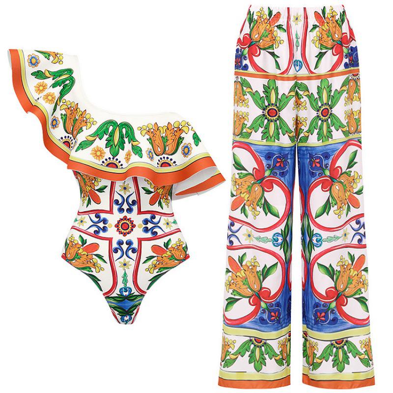 2024 European & American Women's Enamel Print Ruffle Swimsuit Set