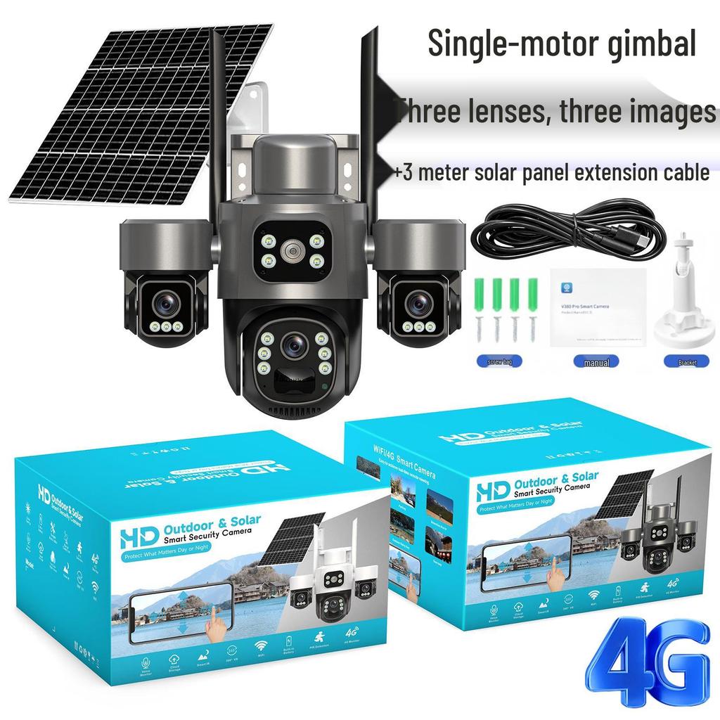 V380 4G Solar Camera with Three-Lens, Three-Axis Gimbal for Home Monitoring - Wireless, Low Power Battery.