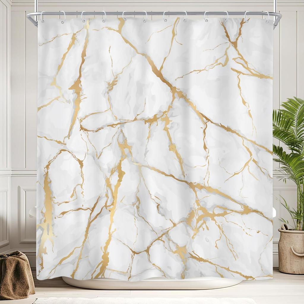 1Pc Waterproof Polyester Shower Curtain With 12 Plastic Hooks, Golden Marble Printed Bath Curtain Fabric Curtain For Bathroom