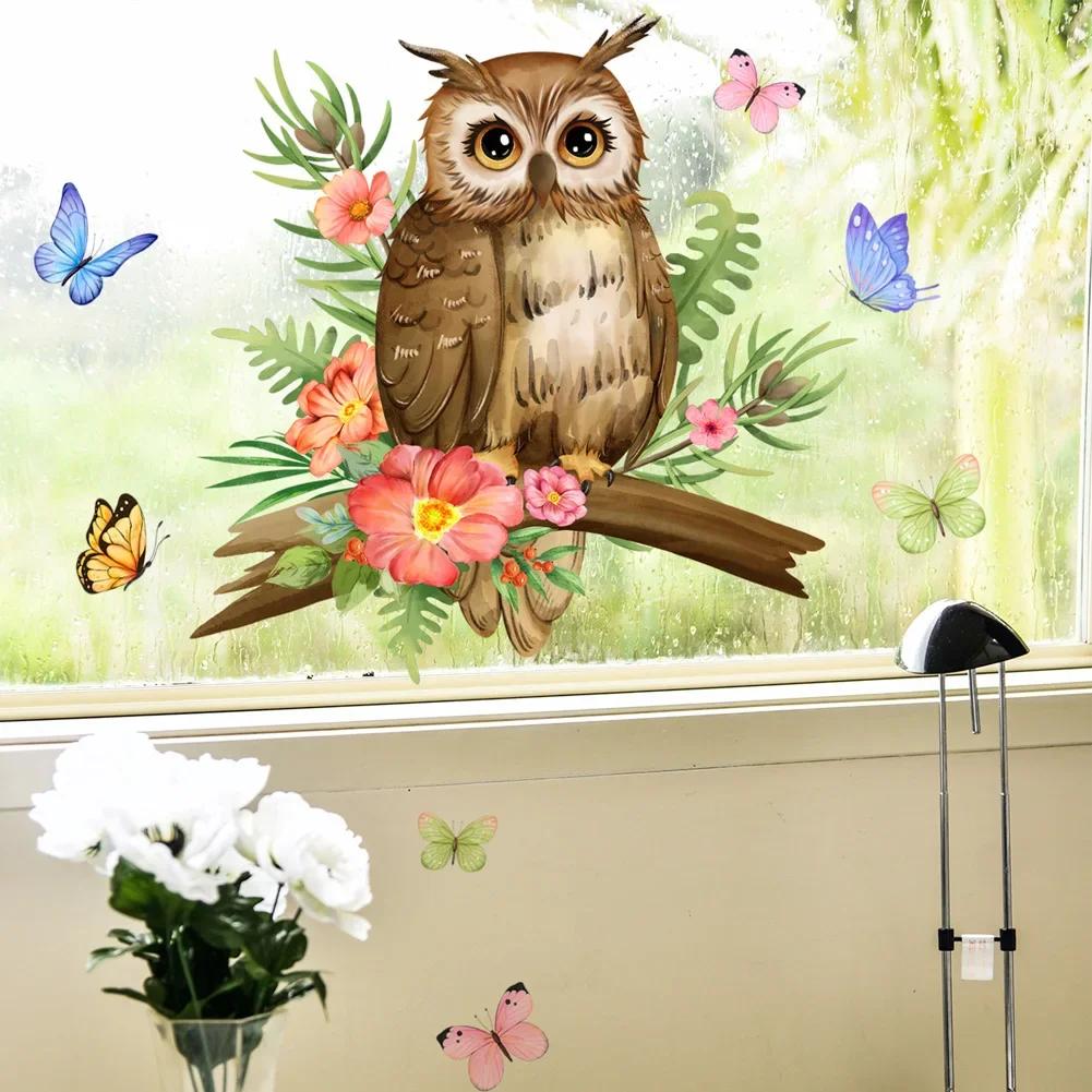 New Owl Flower Branch Wall Stickers Living Room Glass Window Home Decorration Mural Bedroom Decor Self Adhesive Animal Decals