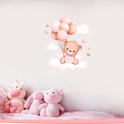 Stickers Muraux Dessin Animé pour Chambre d'Enfant, Chambre de Bébé, Décoration de Chambre, Ours Mignon, Ballon, Nuage, Étoiles, Autocollants Auto-Adhésifs Amovibles