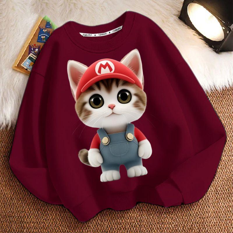 Cute Cat Round-neck Sweatshirt for Children, Long-sleeved Casual Sweatshirt for Boys and Girls in Spring and Autumn