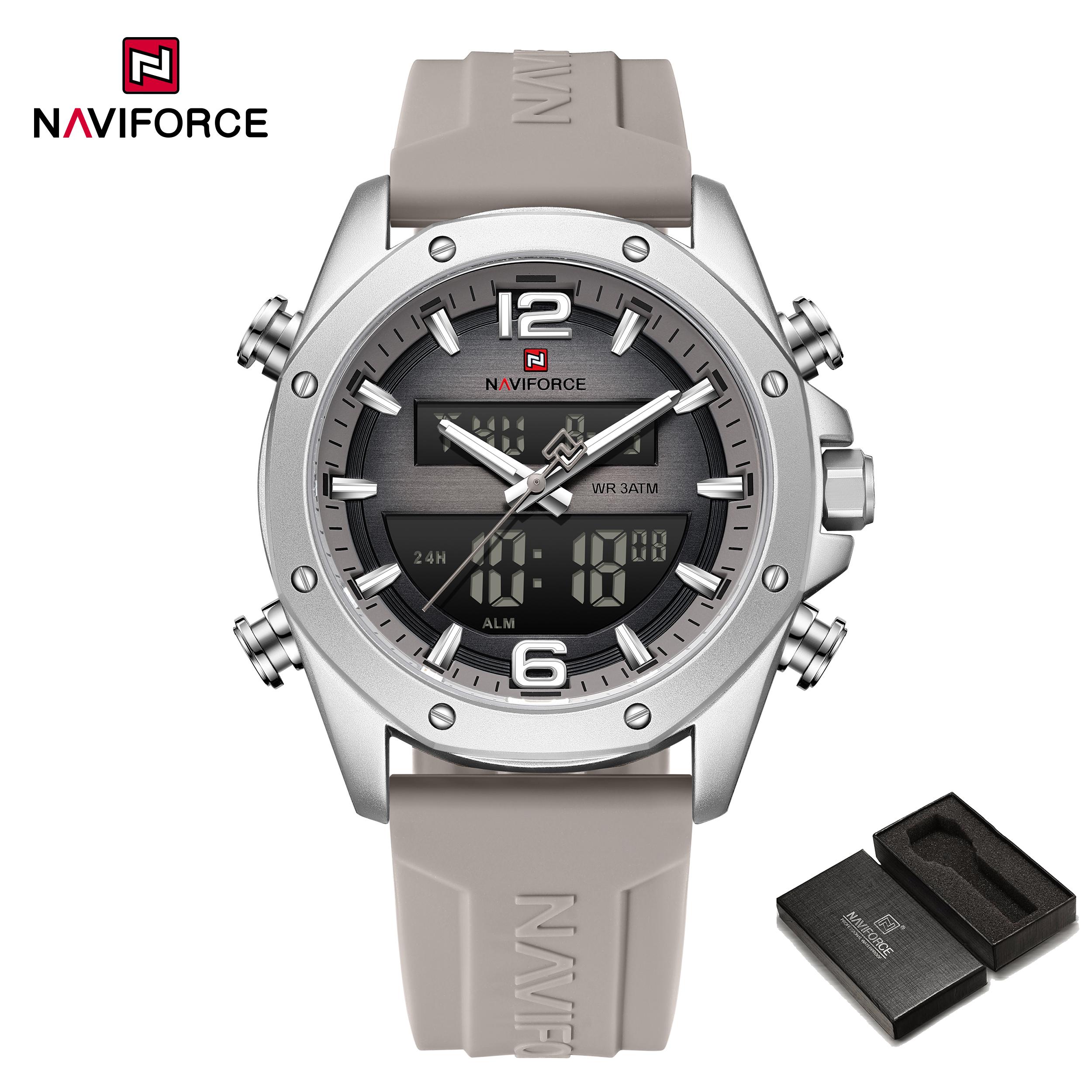 

Naviforce Оригінальний годинник з подвійним часом для чоловіків РК-цифровий годинник Кварцовий годинник Календар Дата Силіконовий ремінець Водонепроникний NF9264 срібний/сірий колір