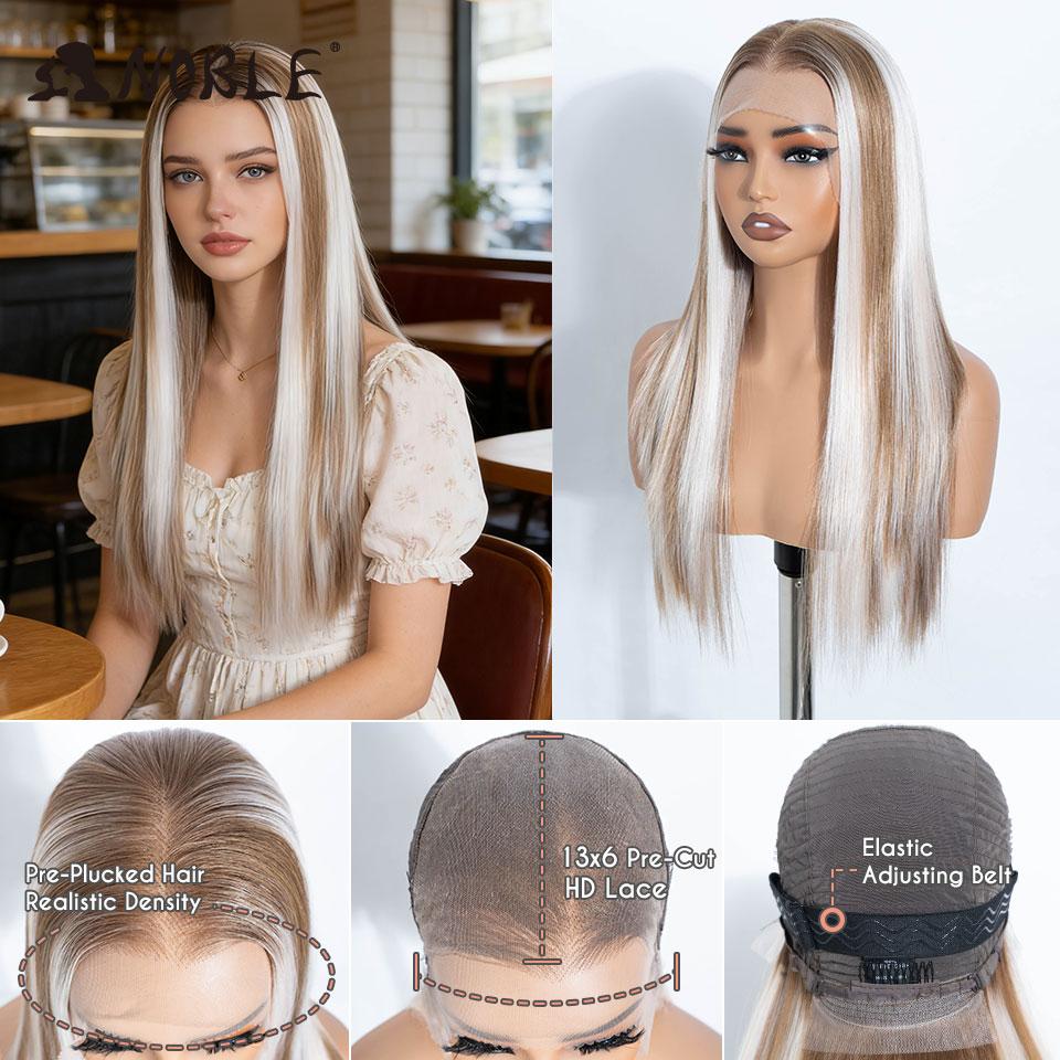 NOBLE 24 Inch13X6 Synthetic Lace Front Wig Highlight Brown White Streaks Straight Natural Hairline Heat Resistant For White Wome