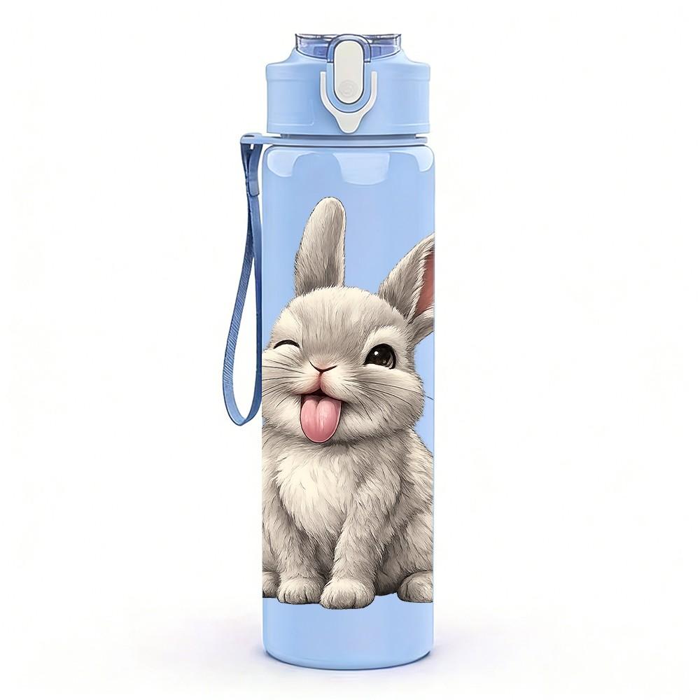 1PC White Fluffy Easter Bunny Print 750ml Color Plastic Sports Water Bottle Leakproof Flip Straw Lid Suitable for Sports Office Home Use