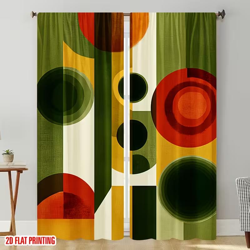 2 szt. Zasłony Retro z Wzorem Geometrycznego Okręgu i Pasków, Zaprojektowane do Blokowania Światła, Materiał Premium, Odpowiednie do Salonu,