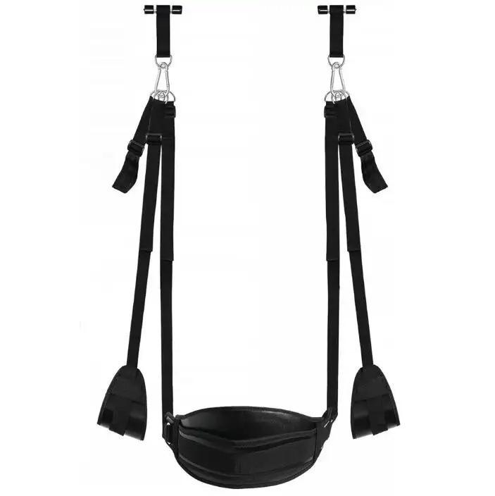 SM Erotic Toy: Third-Gen Leather Plush Door Swing Cushion with Split Leg Strap.