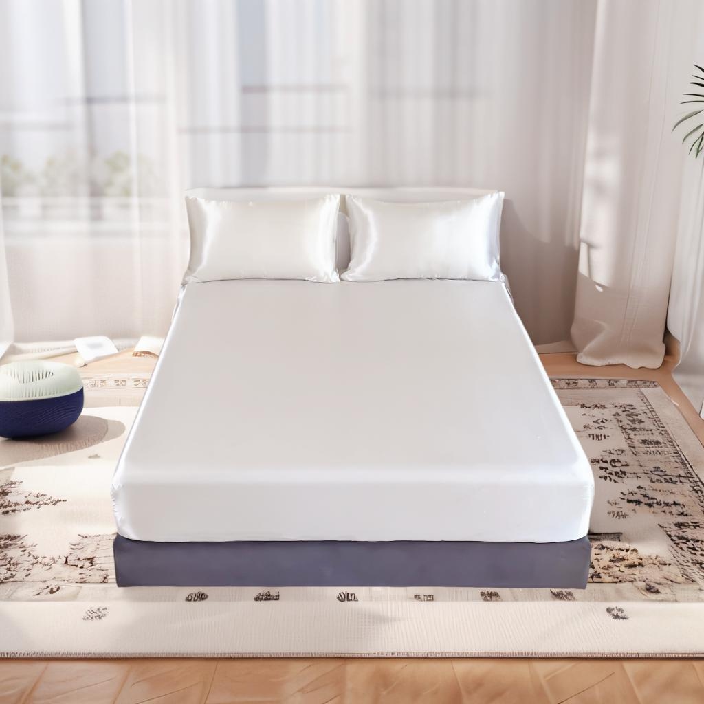 UPzo 3pc Satin Luxury Solid Color Bed Fitted Sheet and Pillowcase Upscale Adjustable Mattress Covers 4 Corners With Elastic Band