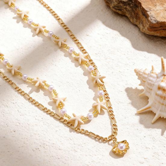 Colar Estrela-do-Mar Bohemia Pérola Falsa Leve Hipoalergênico Feminino Pingente de Concha Corrente Dourada Colar Joia de Pescoço Praia Oceânica
