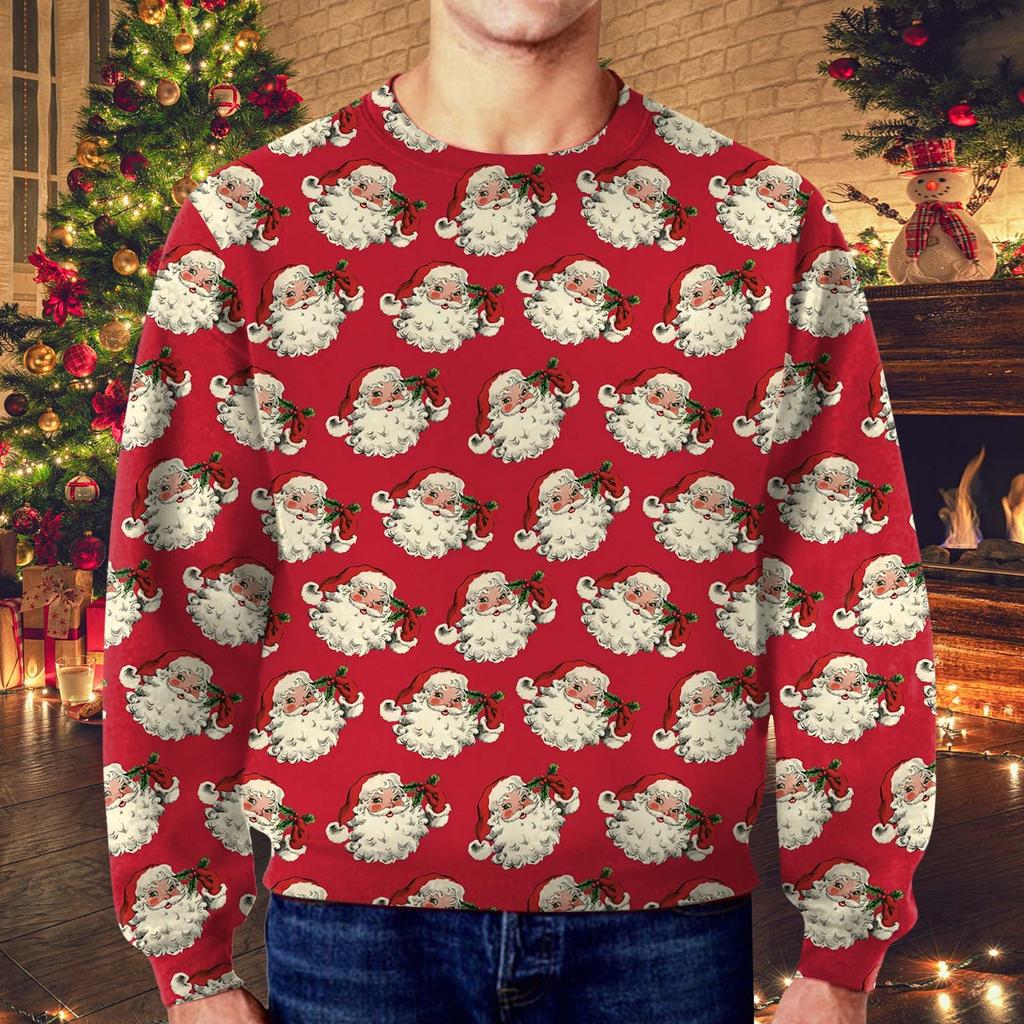 Mens Christmas Hoodie Cartoon Santa Claus Printed Round Neck Long Sleeve Sweatshirt Loose Crewneck Pullover Sports Tracksuits