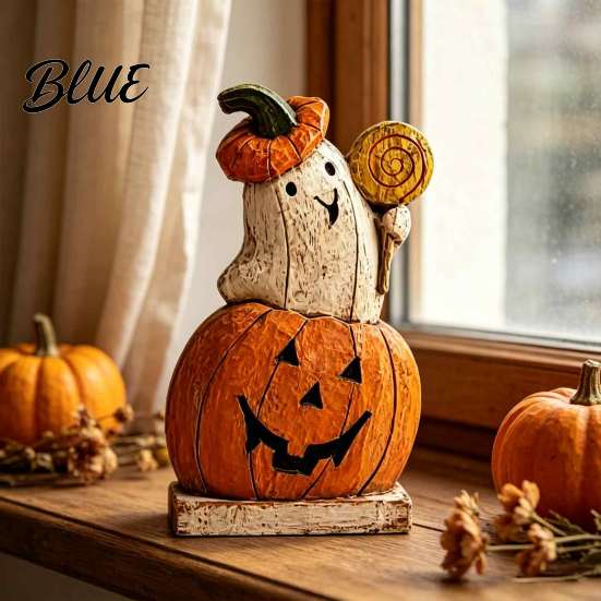 Spooky Shelf Sitters for Autumn Pumpkin Ghost Wooden Figurine Vintage Halloween Tabletop Decor Jack O Lantern Solid Wood Festive Centerpieces Statue