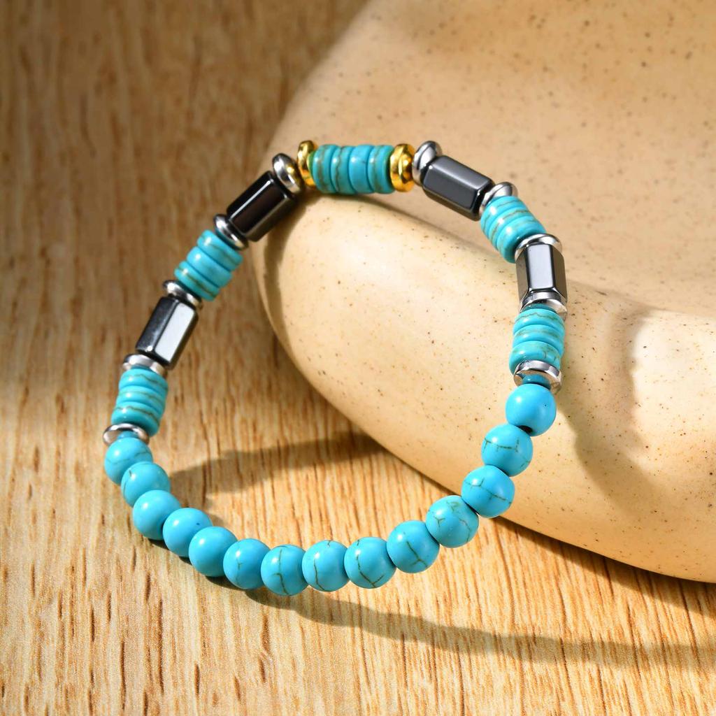Vnox Retro Imitation Natural Blue Stone Bead Bracelets for Women Men, Elastic String Bracelet Jewelry Trend Bohemian Accessories