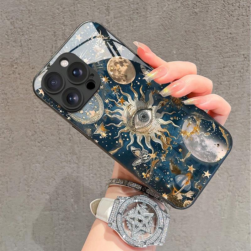Sun Eyes Pattern Tempered Glass Phone Case For iPhone 17 16 Pro Max 15 14 13 12 11 16E 17 Air 7 8 Plus XR XS X Shockproof Cover