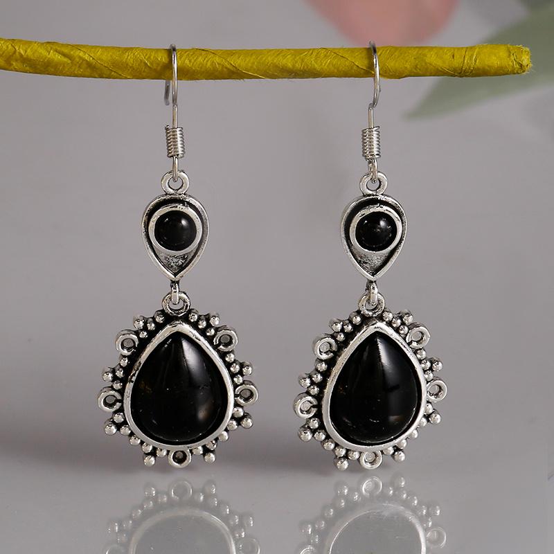 Vintage Black Stone Drop Earring Jewelry Geometric Triangle Hollow Ear Jewelry For Women Girls