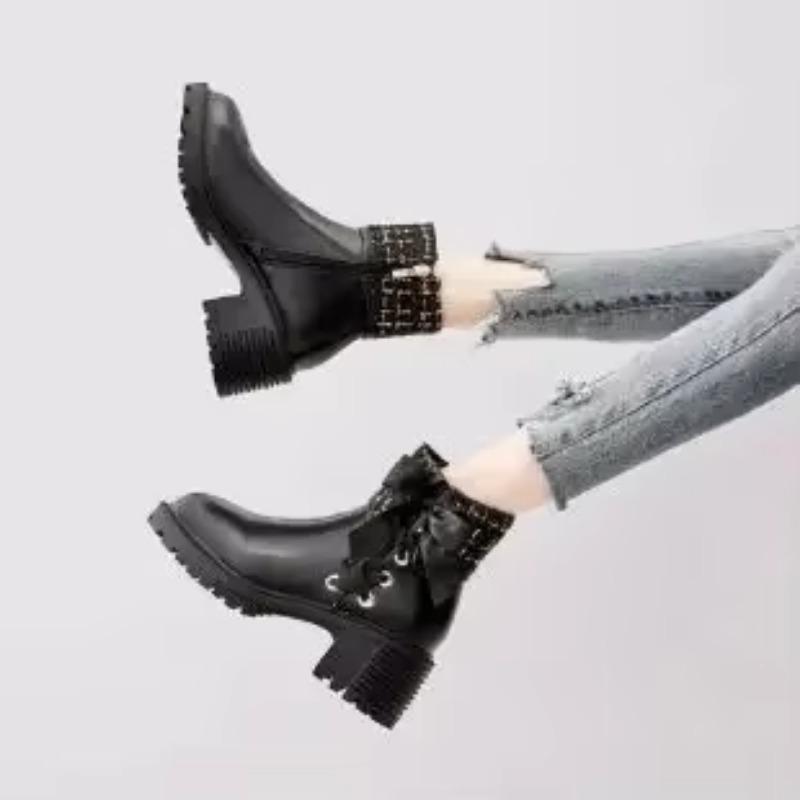 New Women Short Boots Ladies Leather Ankle Boot Autumn Platform Motorcycle Shoes for Woman's Winter Pearl Shoe