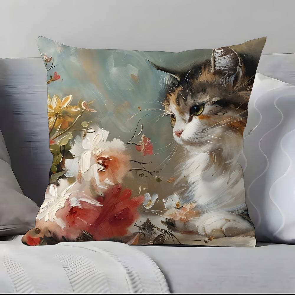 Cute Oil Painting Colorful Cat Pillow Case Pillowcase Soft Skin Friendly & Comfortable With A Hidden Zipper