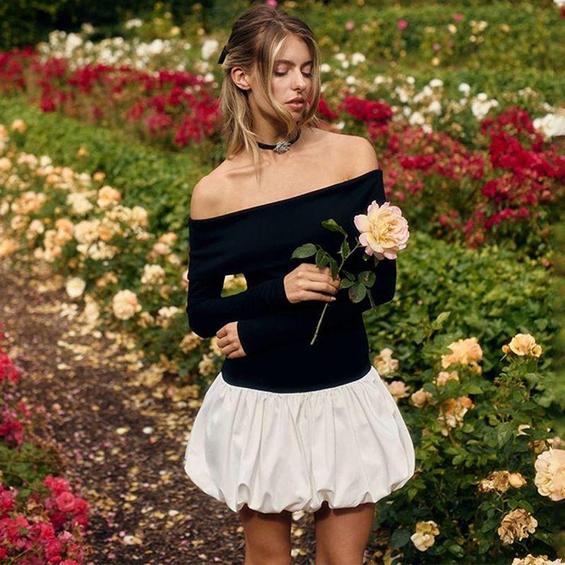 Fall 2024 French Pure Desire Style Sexy off-Shoulder Long Sleeve Color Matching Waist Slim Looking A- Line Dress Women