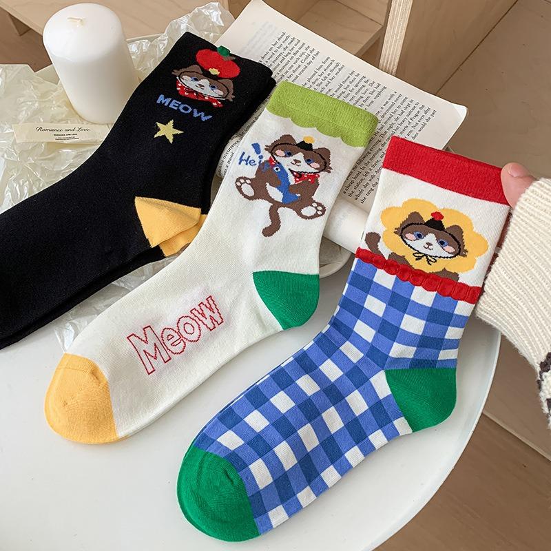 Cute Cat Striped Socks for Women, Mid-calf Socks for Autumn and Winter, Trendy for Women, Dopamine Cartoon Boneless Women's Socks