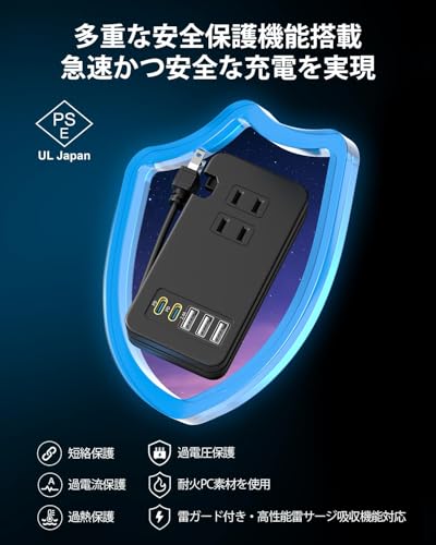 TOPWE Power Strip with USB-C Type-C, PD 52W, USB Outlet, Extension Cord, USB-C Port, USB-A Port, AC Outlet, Cable Storage, PSE Technical Standards, AC