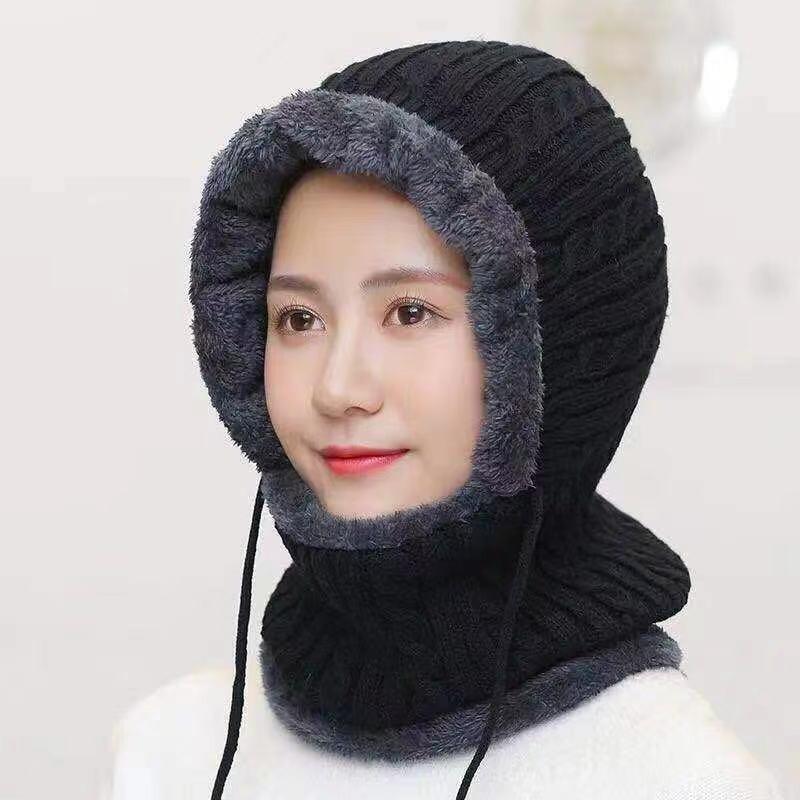 Women's Fleece Lined Thickened Winter Outdoor Cycling Wool Hat Windproof Cold Resistant One Piece Knitted Hat with Neck Protection